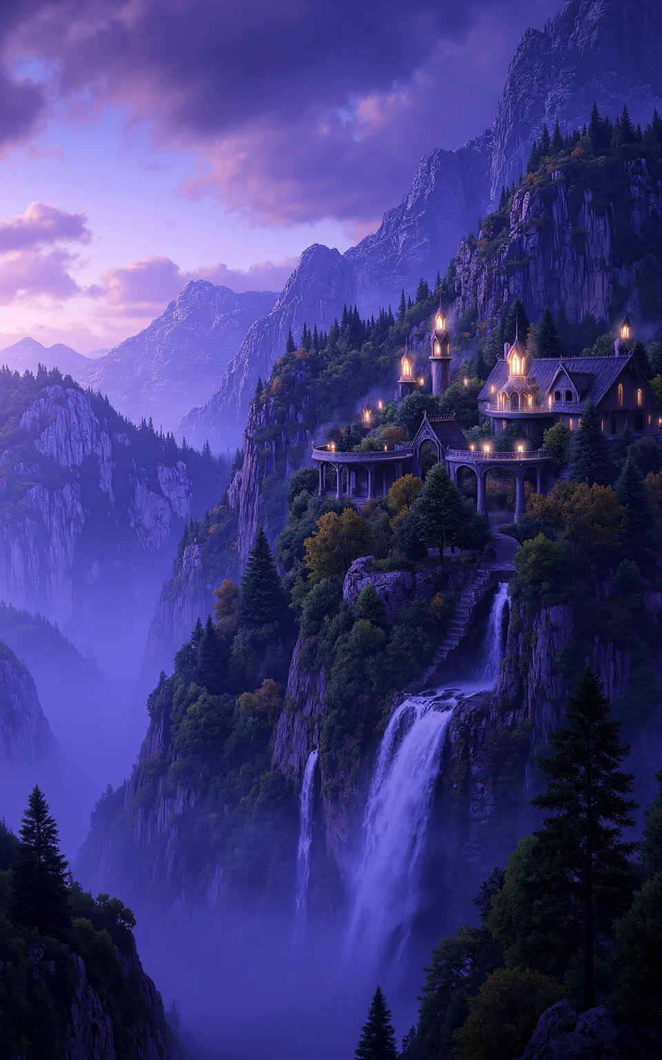 a vast skyborne elven city hovering above a sea of clouds,designed with leaf-shaped buildings and shimmering domes,bioluminescent vines wrapping around the structures,twilight lighting with a violet and indigo color palette,cinematic wide-angle view,magical fantasy style.,
<lora:aidmaMJ6.1_v0.5_3:0.6>,aidmaMJ6.1,<lora:klordoftherings-01:0.8>,klordoftherings,