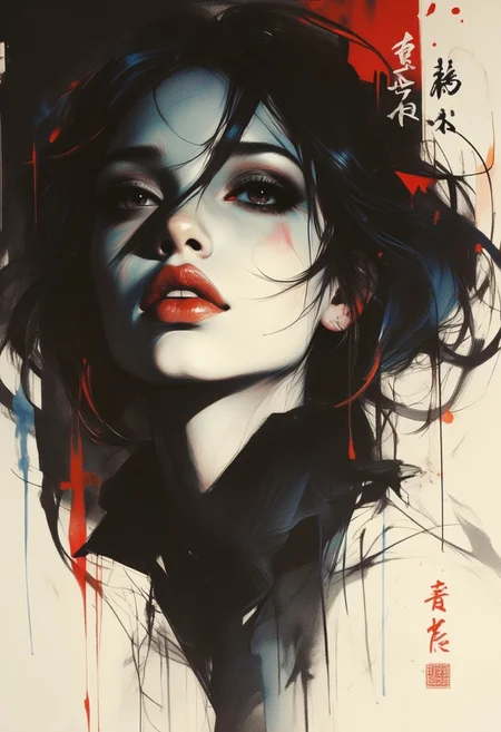 OBxiaoxiang, Silhouette Art, magnificent, dark background, inksplash portrait of stunning oriental woman, long hair, seductive, sultry, lustful, red lips, direct gaze, light hitting one side of face, gradient colour background, Japanese kanji