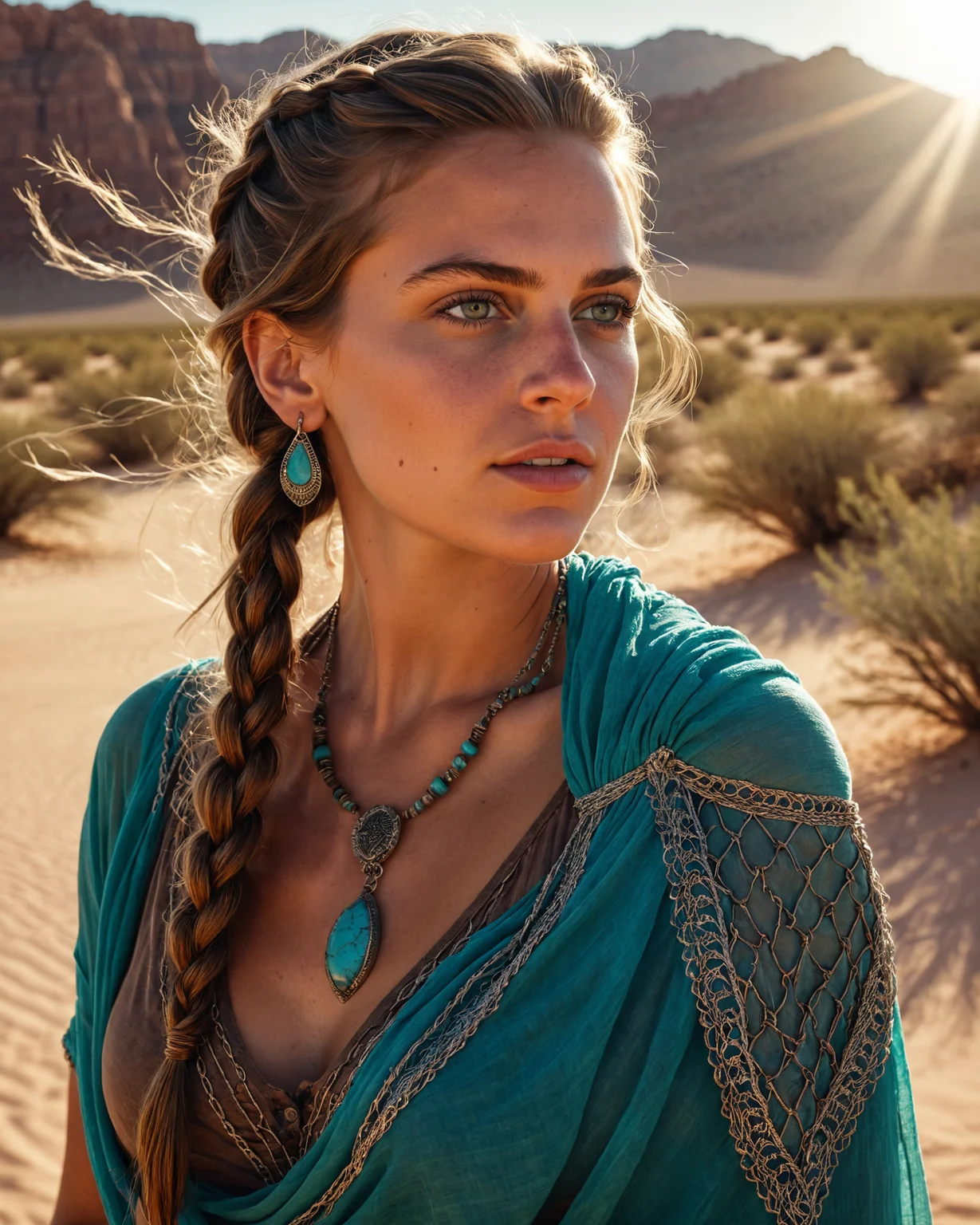 1girl, photograph of a young gypsy woman looking over shoulder at viewer, tiny transparent shawl, ((partially braided sunkissed hair blowing in the wind)), ((backlighting)), (cinematic color grading:1.2), turquoise and silver jewelry, large statement amulet, epic, perfect female face, realism, Beautiful desert dusk, light leak, lens flare, aesthetic, realism, masterpiece, studio quality, warm Cinematic lighting, HDR, HQ, 8k, 4k, Amazing, Photorealistic, Hyper realistic, light rays, f2.0, dust particles, sharp focus, light particles <lora:add-detail-xl:1>, backlit, dark moody lighting