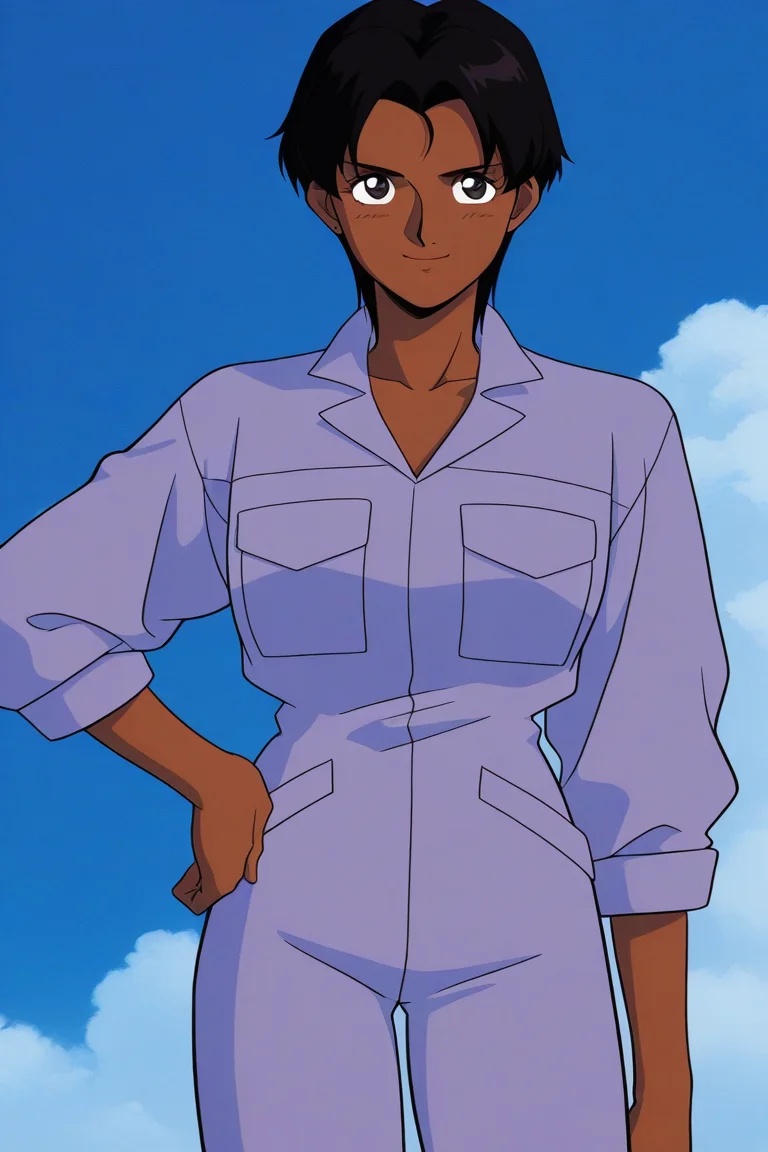 masterpiece, best quality, source_anime,official art,perfect_anatomy,1990s_\(style\),retro_artstyle,1girl,marbet_fingerhat,black hair,short hair,dark skin,jumpsuit,(beautiful detailed face,looking_at_viewer,smile),hand_on_hip,cowboy_shot,day,blue_sky,cloud