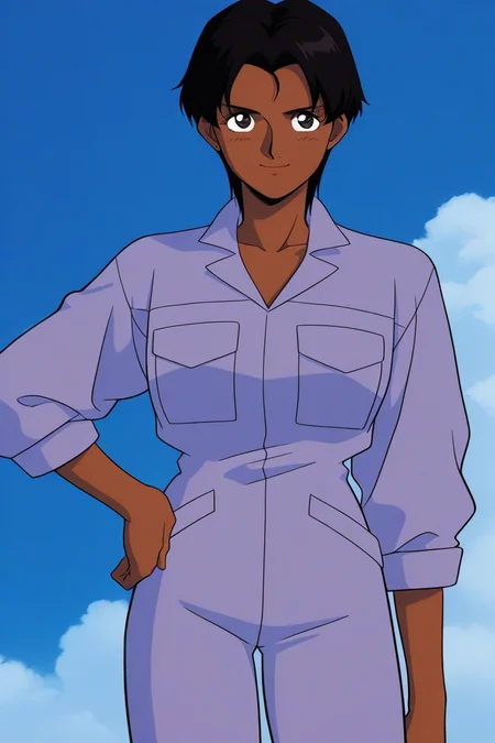 masterpiece, best quality, source_anime,official art,perfect_anatomy,1990s_\(style\),retro_artstyle,1girl,marbet_fingerhat,black hair,short hair,dark skin,jumpsuit,(beautiful detailed face,looking_at_viewer,smile),hand_on_hip,cowboy_shot,day,blue_sky,cloud