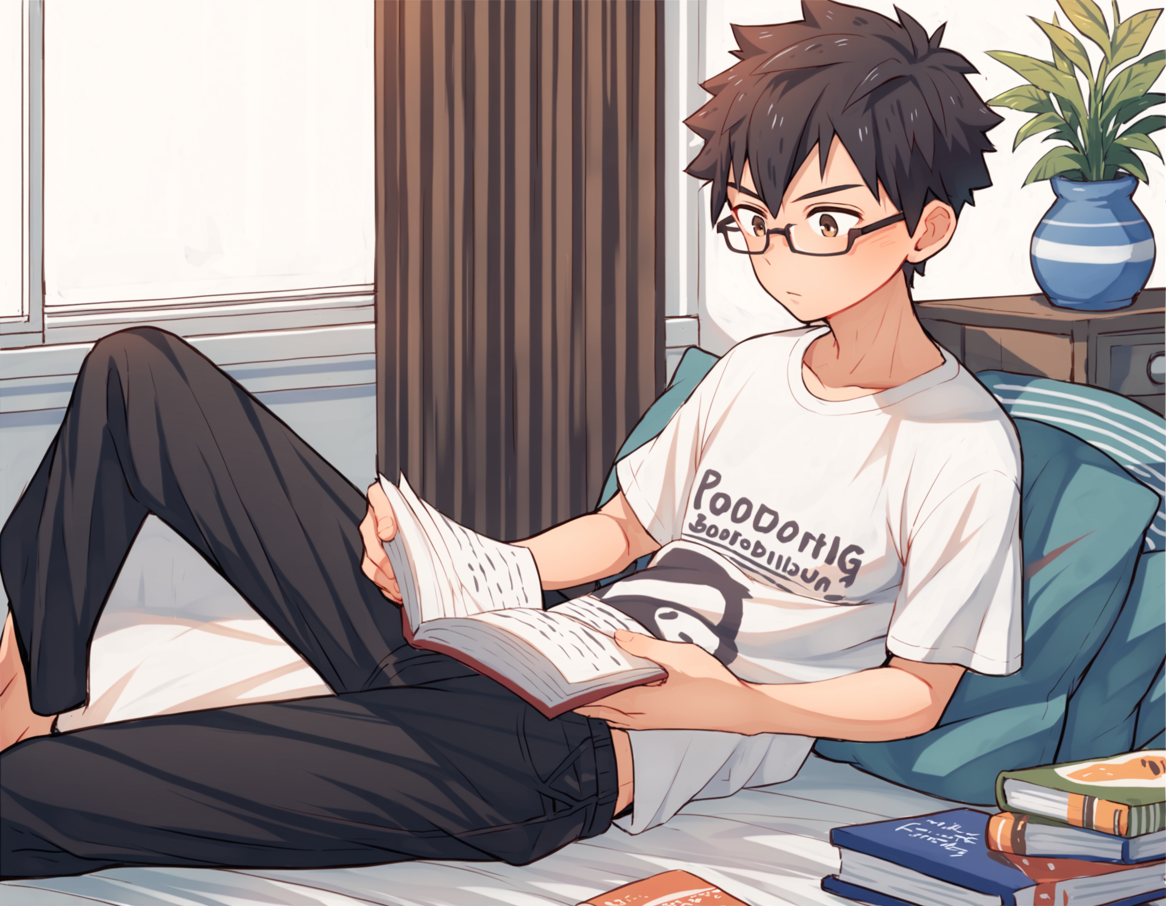score_9, score_8_up, score_7_up, score_6_up, source_anime, indoors, on bed, 1boy, solo, black hair, brown eyes, t-shirt, pants, reading book, glasses <lora:maruikotatsu-amxl-v1b-ShoAI:1>