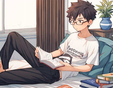 score_9, score_8_up, score_7_up, score_6_up, source_anime, indoors, on bed, 1boy, solo, black hair, brown eyes, t-shirt, pants, reading book, glasses <lora:maruikotatsu-amxl-v1b-ShoAI:1>