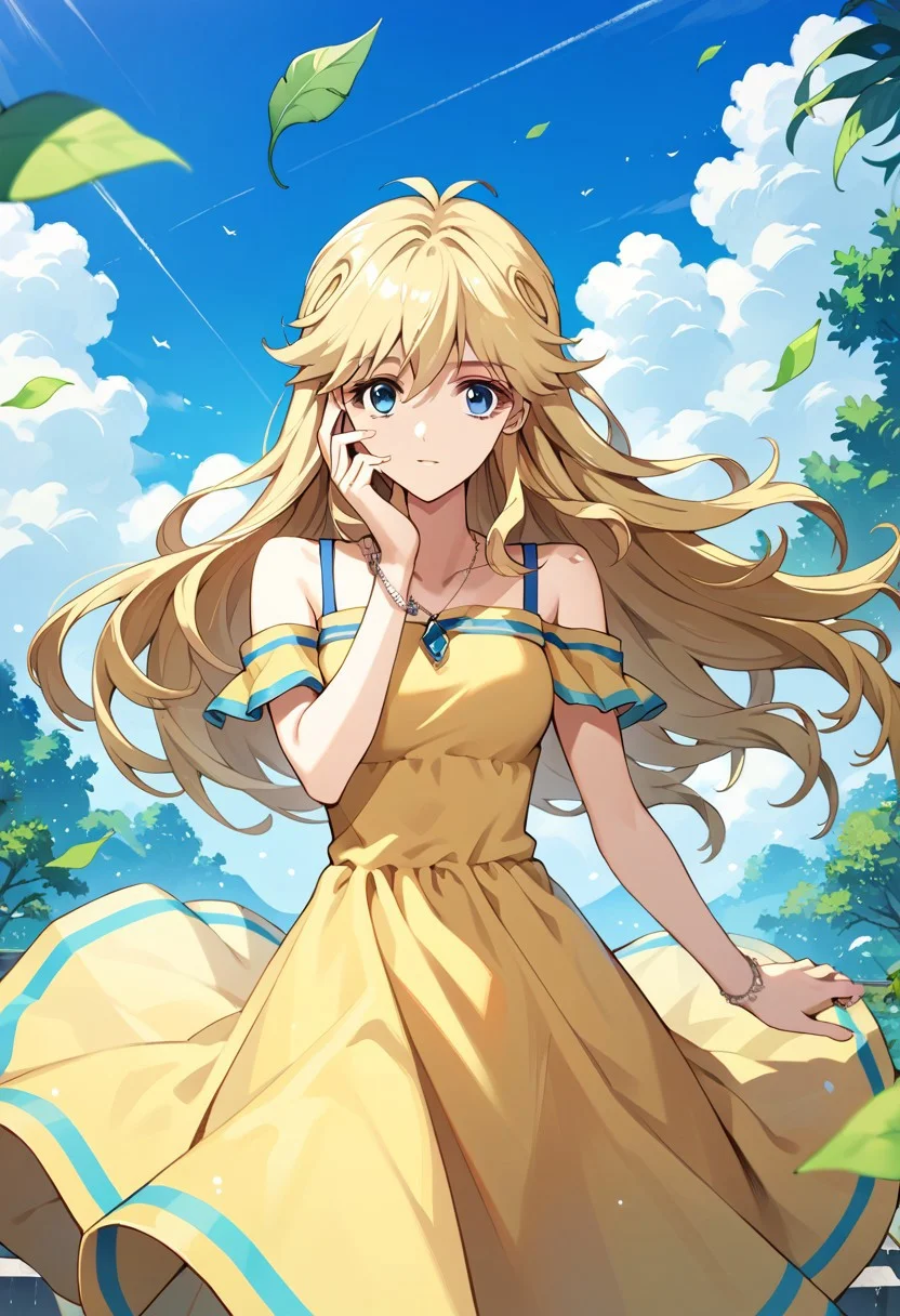 score_9_up, score_8_up, score_7_up, source_anime, LEAO EVERLASTING (2020),
1girl, solo, long hair, blue eyes, blonde hair, dress, bare shoulders, jewelry, sky, day, necklace, wind, hand on own face, pendant, yellow dress