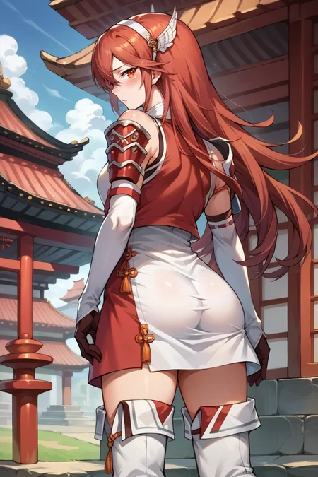 score_9, score_8_up, score_7_up, score_6_up, source_anime, BREAK 1girl, solo <lora:fecaeldori-pdxl-nvwls-v1:1> caeldori, red hair, wing hair ornament, hairband, shoulder armor, red and white dress, elbow gloves, thigh boots, from behind, japanese architecture, butt, looking back, looking at you, blush