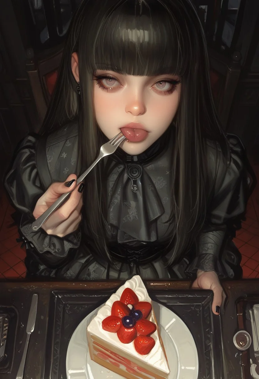 artist:moriimee, gwzs, detailed drawing, jsyu_style, 2025. 03, 
1girl, masterpiece, amazing quality, best quality, ultra-detailed, 8K, illustration, newest, absurdres, realistic, vivid colors, cute face, skirt, gothic, bangs, pale skin, hime cut, victorian clothes, jewelry, hyper detailed, details,laced patterns ,having dinner, dinner table, eating, holding fork, cake