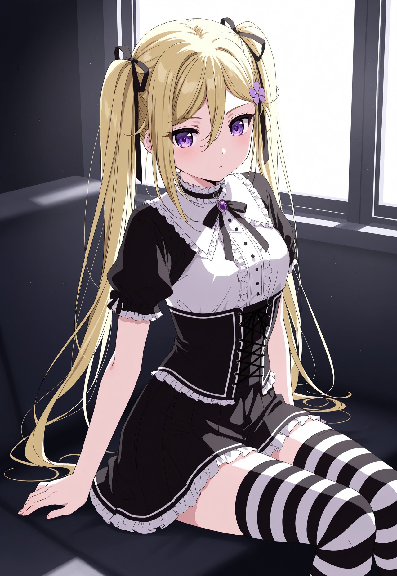 uncensored, HDR, 8K, high contrast, masterpiece, best quality, amazing quality, very aesthetic, superabsurd res, high resolution, ultra-detailed, absurdres, newest, scenery, 1girl, solo, Mafuyu Orifushi, eyelashes, (beautiful eyes), zzMafuyu, purple eyes, blonde hair, hair between eyes, long hair, twintails, ribbon, hair ribbon, thighhighs, sitting, striped, corset, striped thighhighs, oekaki, gothic, side view, black skirt, short sleeves,
