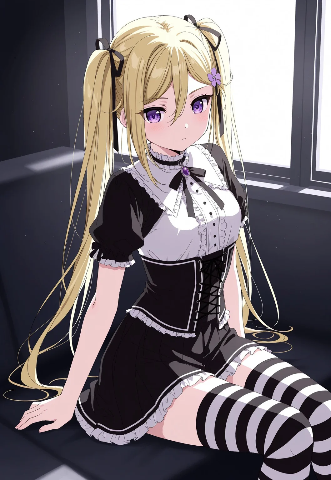 uncensored, HDR, 8K, high contrast, masterpiece, best quality, amazing quality, very aesthetic, superabsurd res, high resolution, ultra-detailed, absurdres, newest, scenery, 1girl, solo, Mafuyu Orifushi, eyelashes, (beautiful eyes), zzMafuyu, purple eyes, blonde hair, hair between eyes, long hair, twintails, ribbon, hair ribbon, thighhighs, sitting, striped, corset, striped thighhighs, oekaki, gothic, side view, black skirt, short sleeves,