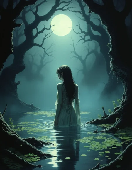 drkfnts style, A beautiful elf with delicate features and minimal, tattered clothing is bathing in a dark, misty lake. Her long, wet hair clings to her back as she emerges from the water, surrounded by eerie, glowing mist flora. The dim full moon moonlight filters through twisted, ancient trees, casting an otherworldly glow on the scene. The atmosphere is mysterious and haunting, with dark shadows and a sense of foreboding lurking in the background, film grain <lora:sxz-Dark-Fantasy-v2-Flux:1.2>