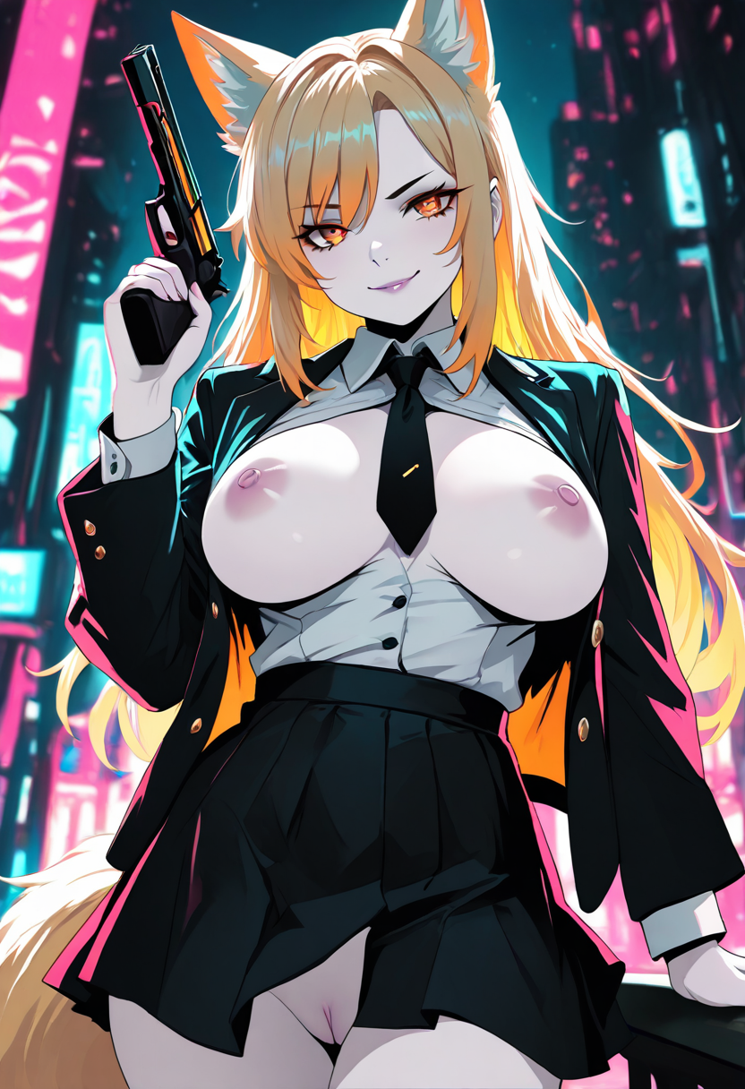 pale skin, <lora:CatGirlStyleNeon_V1-000003:1>, Smooth Quality,
1girl, blonde hair, amber eyes, fox ears, fox tail, masterpiece, 4k, big breasts, cute, adult, neon edge, shirt with buttons, jacket, vest, black skirt, tie,  CatGirlNeonStyle, gun in hand, pussy, nipples, smirk
