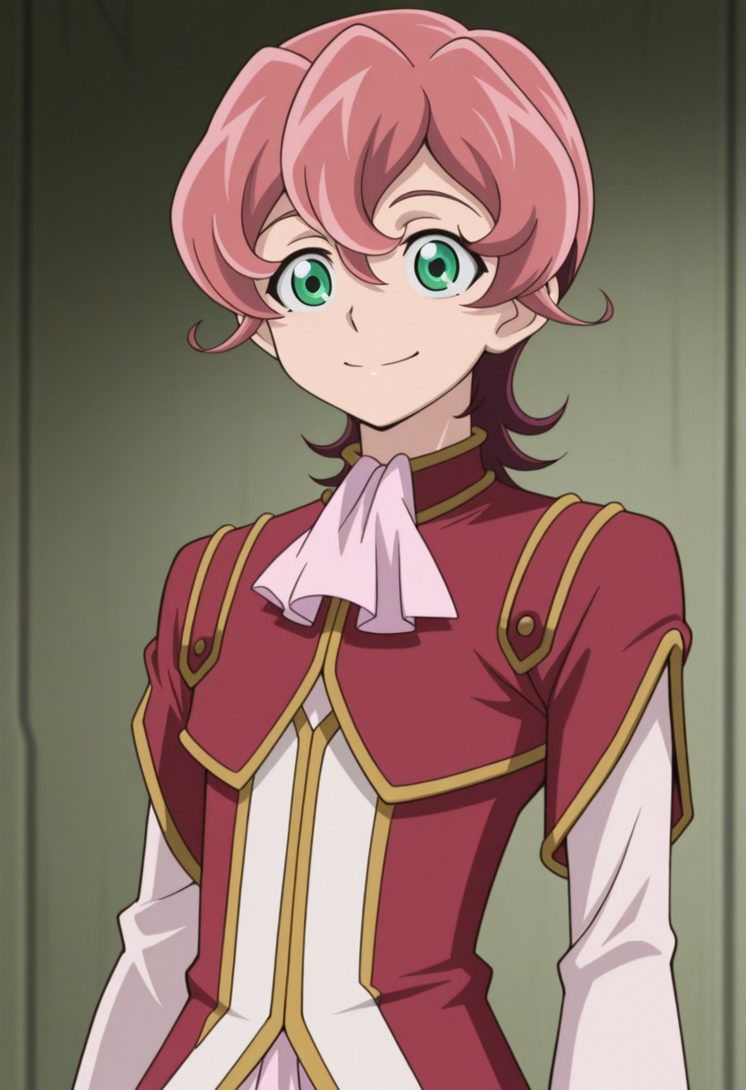 masterpiece,best quality,amazing quality, source_anime, 
MichArclight, 1boy, male focus, solo, green eyes, pink hair, ascot, pink ascot, shirt, pink shirt, jacket, red jacket, short over long sleeves,  smile,