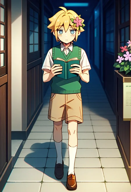 score_9,score_8_up,score_7_up,source_anime, BASIL (real world),solo,looking at viewer,blush,short hair,blue eyes,shirt,blonde hair,hair ornament,1boy,holding,white shirt,full body,male focus,flower,short sleeves,shorts,shoes,collared shirt,socks,hair flower,vest,book,brown footwear,white socks,holding book,sweater vest,brown shorts