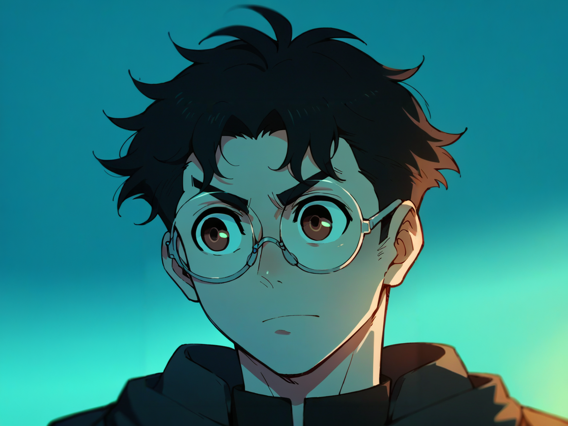 score_9, score_8_up, score_7_up, score_6_up, score_5_up,   <lora:dandadanXLP:1> dan, 1boy, blue lighting, portrait, black hair, glasses,