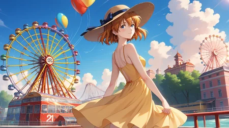 ((masterpiece)), (top quality), (best quality), (official art, beautiful and aesthetic:1.2), extreme detailed,colorful,
score_9, score_8_up, score_7_up,
source_animate,
zPDXL3, uncensored,
((solo)), (1girl),
<lora:amusement_park:0.5>,
outdoors, amusement park,
balloon, roller coaster, ferris wheel,
day, cloud, blue sky,
<lora:asuka_agedup_XL_0061_pony:0.9>, souryuu asuka langley,
rebuild_of_evangelion, agedup, blue eyes, blonde hair, small breasts,
((very short hair)), (bob hair cut),
sun hat, yellow dress, sundress, collarbone, bare shoulders, sandals, jewelry, earrings, (hoop earrings:1.5),
from behind, (looking back), happy,