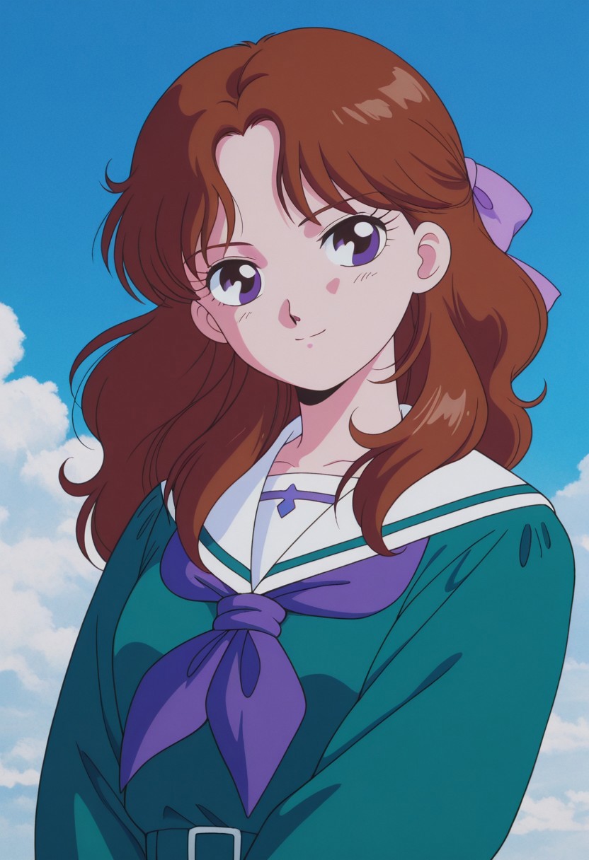 masterpiece, best quality, source_anime,official art,perfect_anatomy,1990s_\(style\),retro_artstyle,yurika,1girl,brown hair,long hair,tokai school uniform,sailor collar,serafuku,looking_at_viewer,smile,,upper body,day,blue_sky,cloud