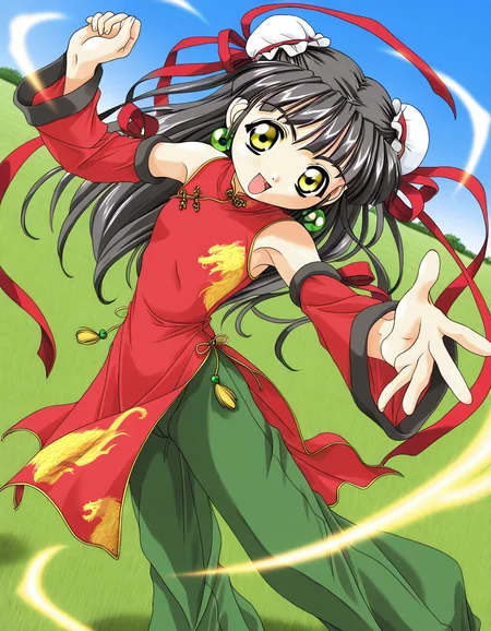 general,highres, ultra-detailed,very aesthetic,best quality ,best hands, BREAK <lora:Kounyan_Spiral_NAMI_IS:1>Kounyan, black hair, long hair, double bun, hair bun, bun cover, yellow eyes, ribbon, earrings, flat chest, green jewelry, chibi,
1girl, solo, chinese clothes, china dress, red dress, open mouth, long hair, smile, detached sleeves, green China pants,
grass, blue sky, aura, aura effect,