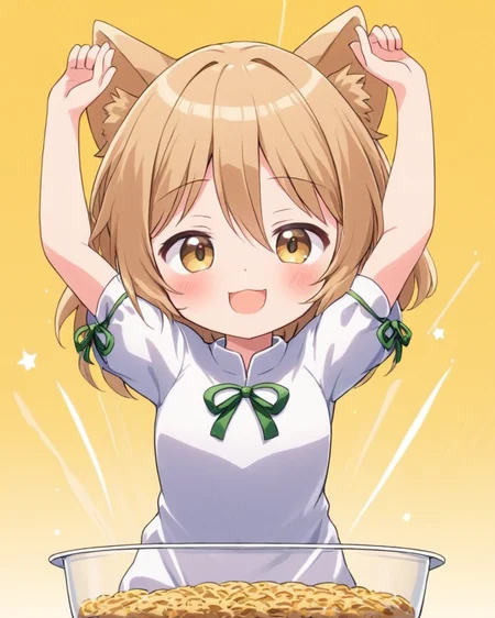 kudamaki tsukasa,1girl, solo, open_mouth, romper, smile, blush, green_ribbon, short_sleeves, motion_lines, yellow_background, signature, facing_viewer, bow, in_container, arms_up
<lora:kudamaki_tsukasa_image1939_2023-12-20-000014:1>,star-shaped_pupils,symbol-shaped_pupils,. gorgeous,key visual, vibrant, studio anime,award-winning, professional, highly detailed,high budget, cinemascope