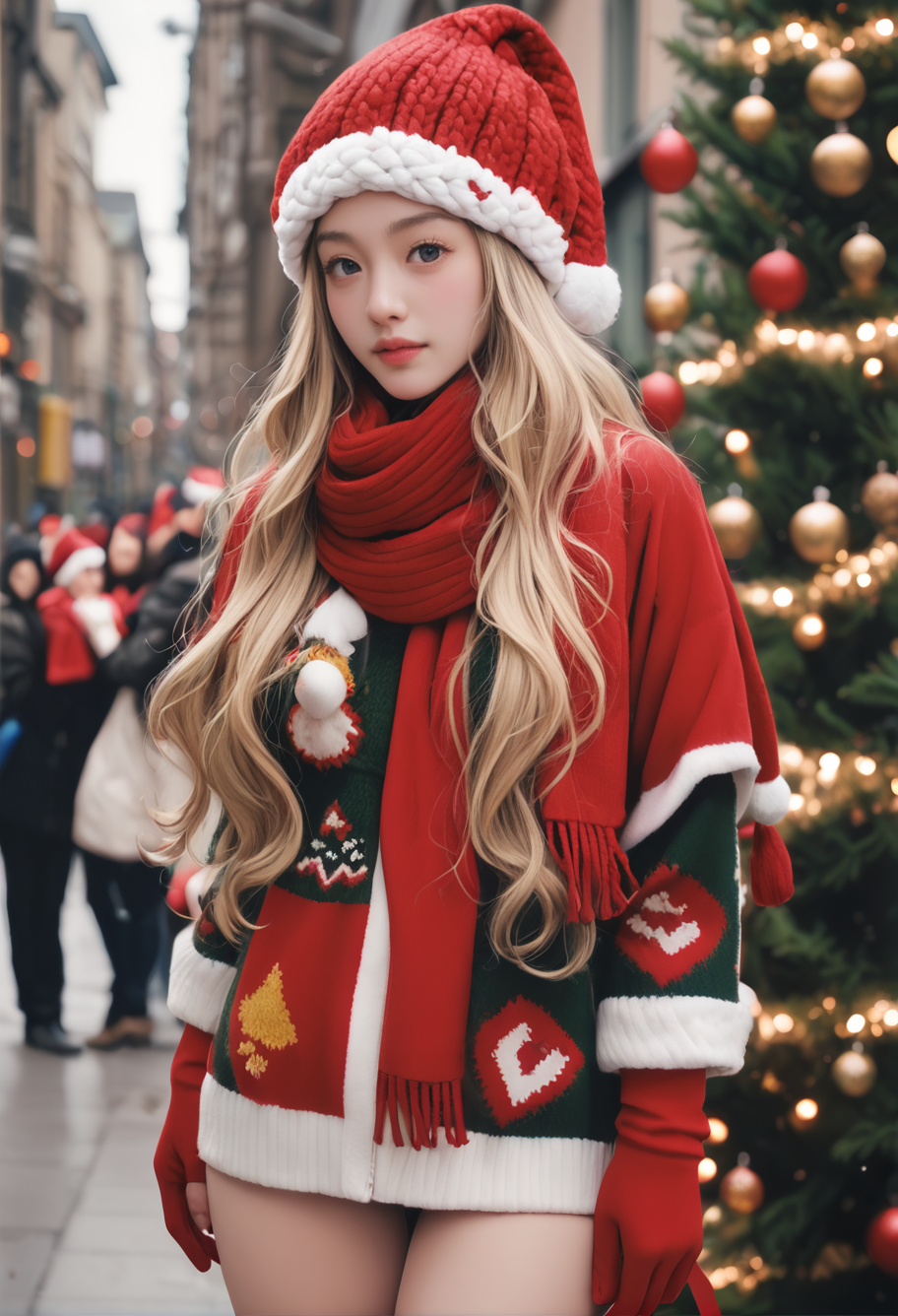 1girl,,ruanyi1386,beanie,multicolored clothes,striped clothes,red scarf,christmas,standing,thigh gap,christmas tree,blurry background,outdoors,red gloves,blonde hair,wavy hair,<lora:1386 christmas_v1_pony:1>, score_9,score_8_up,score_7_up,,8k,solo,,