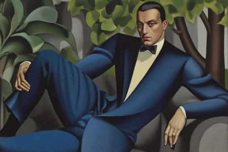 tamaradelempicka1 painting.
 A reclining man with short, neatly combed hair, dressed in a formal blue suit with a white shirt and black bow. The man has a serious expression and is looking directly at the viewer. His elbow is resting on the armrest, and his other hand is touching his leg. The background is lush green foliage with large leaves and trees. <lora:tamaradelempicka1_cap_d8a4:1.0><lora:863951831707969010:0>