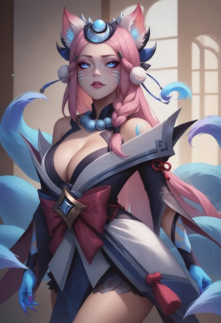 score_9, score_8_up, score_7_up, 1girl, ahriSnwMn, animal ears, facial mark, fox tail, multiple tails, long hair, braid, pink hair, blue eyes, large breasts, blue hands, makeup, crescent, hair ornament, dress, bare shoulders, cleavage, long sleeves, bow, <lora:Ahri_SnowMoon_pdxl_Incrs_v1:1>, tattoo,