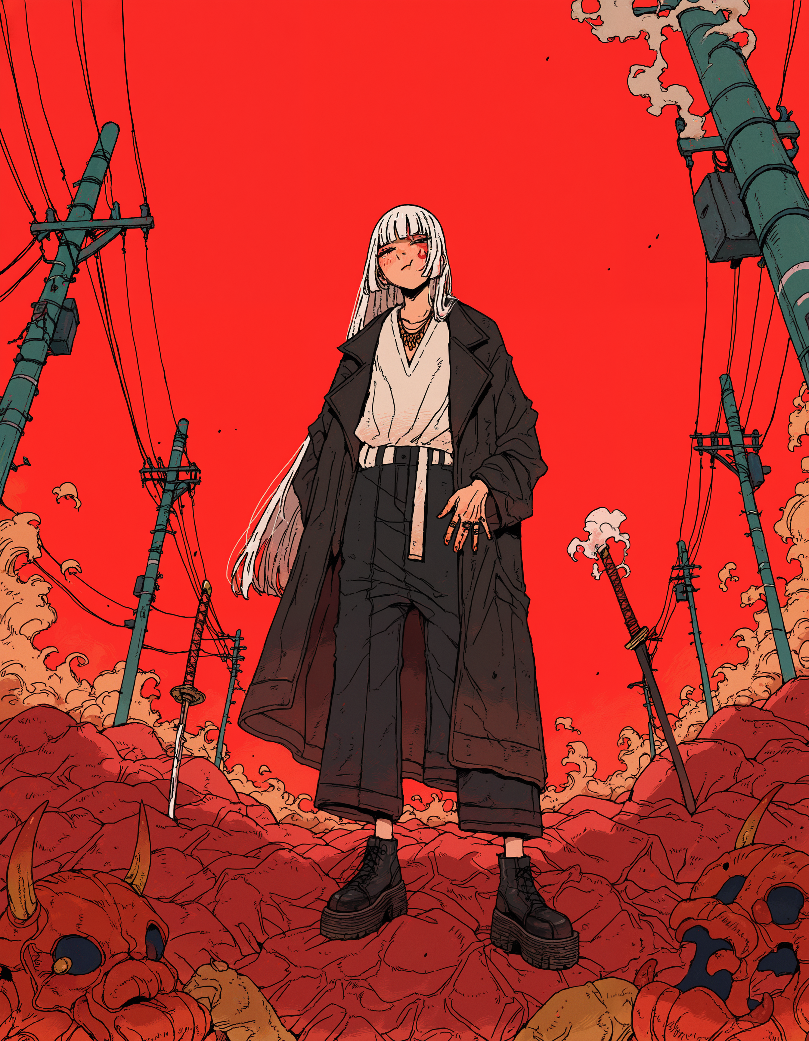 amazing quality, newest, absurdres, realistic lighting,   1girl, solo, white hair, straight hair, very long hair, hime cut, low cut shirt, loose shirt, v-neck, long coat, black coat, black pants, wide pants, necklace, rings, black footwear,  sheathe, sheathed sword, utility pole, pile of hands, smoke, from below, dutch angle, face focus, detailed face,   red background,  <lora:kou_tamagosan1001>