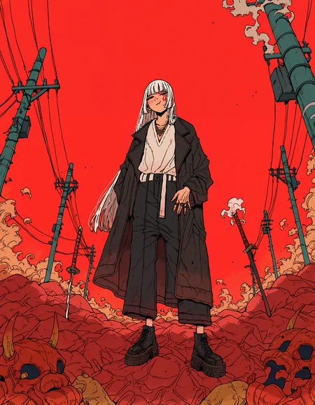 amazing quality, newest, absurdres, realistic lighting, 1girl, solo, white hair, straight hair, very long hair, hime cut, low cut shirt, loose shirt, v-neck, long coat, black coat, black pants, wide pants, necklace, rings, black footwear, sheathe, sheathed sword, utility pole, pile of hands, smoke, from below, dutch angle, face focus, detailed face, red background, <lora:kou_tamagosan1001>