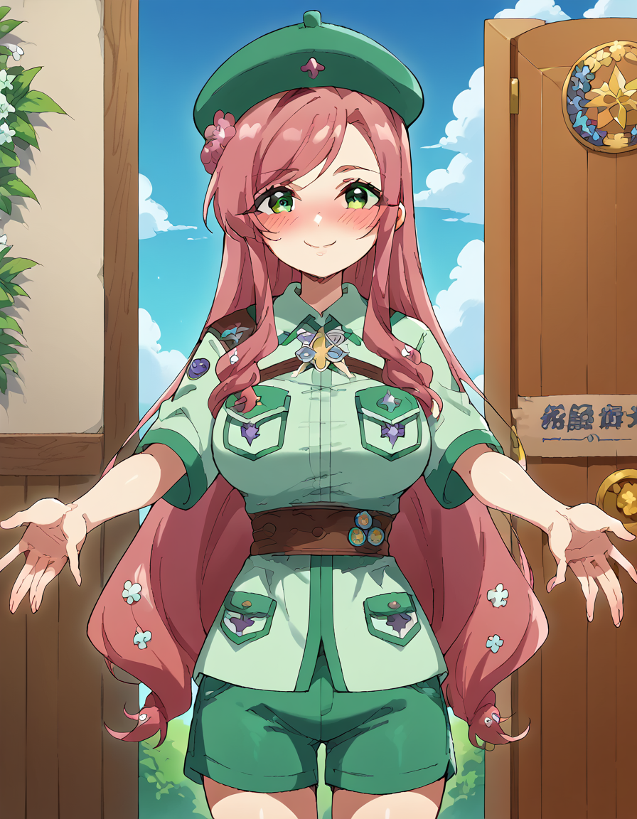 score_9, score_8_up, score_7_up, source_anime, <lora:hahari-hanazono-ponyxl-lora-nochekaiser:1>, hahari hanazono, long hair, bangs, green eyes, pink hair, flower, hair flower, large breasts,, <lora:girl-scout-uniform-ponyxl-lora-nochekaiser:1> girl scout uniform, badge, beret, breast pocket, girl scout, green hat, hat, short sleeves, shirt, green shirt, shoulder sash, medal, button badge, uniform, shorts, green shorts, short shorts, kneehighs,, smile, blush, looking at viewer, blue sky, clouds, entrance, doorway, <lora:incoming-gift-ponyxl-lora-nochekaiser:1>, incoming gift, outstretched arms, holding, holding box, box, cardboard box,, cowboy shot,
