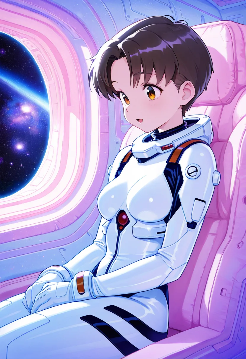 rei ayanami, ultra detailed, masterpiece, best quality, 1girl, solo, adult, indoors, space suit, sitting, seat, windows, futuristic vehicle, space, stars, galaxy, pastel colors, vintage, intricate detailed, finely detailed, amazing detail, from side, smile, :o, awe, shadows, dim lighting, cowboy shot,
