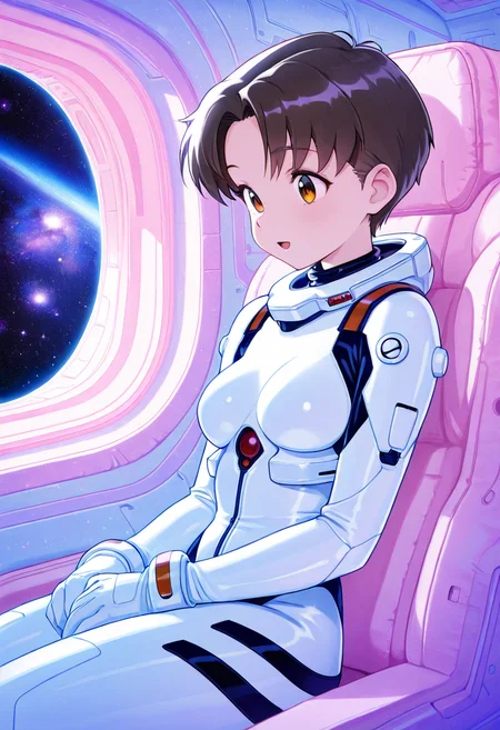 rei ayanami, ultra detailed, masterpiece, best quality, 1girl, solo, adult, indoors, space suit, sitting, seat, windows, futuristic vehicle, space, stars, galaxy, pastel colors, vintage, intricate detailed, finely detailed, amazing detail, from side, smile, :o, awe, shadows, dim lighting, cowboy shot,