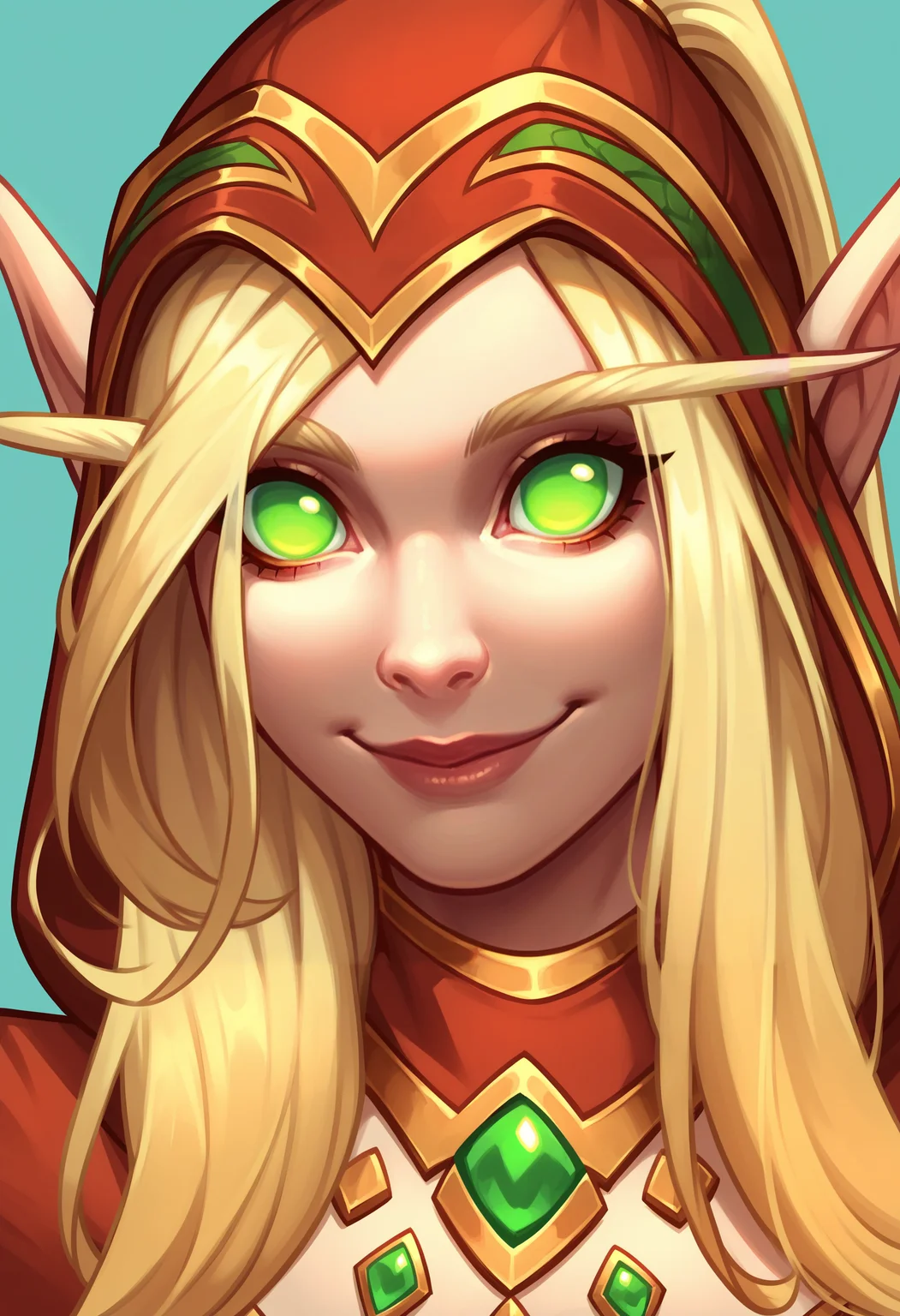 score_9, score_8_up, score_7_up, score_6_up, score_5_up, score_4_up, 1girl, <lora:ValeeraSanguinar:0.85> solo, blonde hair, long ponytail, green eyes, long eyebrows, pointy ears, no pupils, glowing, smile, upper body, close-up, face focus, hood, 
 looking at viewer, 
light blue background, simple background,