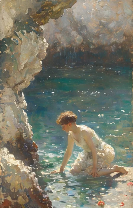 masterpiece,best quality,<lora:tbh239-sdxl:0.9>,illustration,style of Henry Scott Tuke decaying peonies