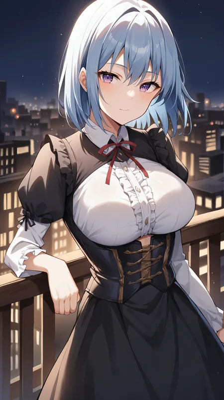 score_9,score_8_up,score_7_up,score_6_up, source_anime, zPDXL3, <lora:xl_more_art-full_v1:0.5>, woman, dynamic pose,, black dress, black corset, white sleeves, frilled dress, blue hair, purple eyes, medium hair, red ribbon, <lora:Eris - Pony_v2-000004:0.8>, slouching, modern city, skyscraper, balcony, rooftops, night, darkness, city lights in the distance,