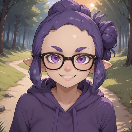 score_9, score_8, BREAK, solo, splatoon, inkling, female inkling, 1girl, tentacle hair, purple hair, single hair bun, purple eyes, glasses, cute, purple eyebrows, purple hoodie, purple jeans, purple shoes, breasts, Jeanette_Romero_(\OC_Inkling\), sexy pose, self portrait, smile, outdoors, sunlight, shadows, evening lighting, natural lighting, forest, trees, grass, orange sky, sunset