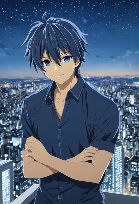 Anime Style, easynegative, detailed_eye_model, Highres, Masterpiece, High Quality, 4K, 8K, solo, 1boy, Tomoya Okazaki, Deep Blue Eyes, Grey Blue Hair, on the roof of a tall building, city view, sparkling, happy, full of enthusiasm, smile, folded hands, gentle breeze, Night
