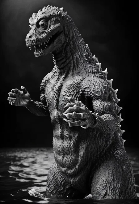 solo,kaijuu,greyscale,monochrome,no humans,ocean,monster,night, monster poking head out of water,no pixel, no bugs,charcoal gray,creepy, close up