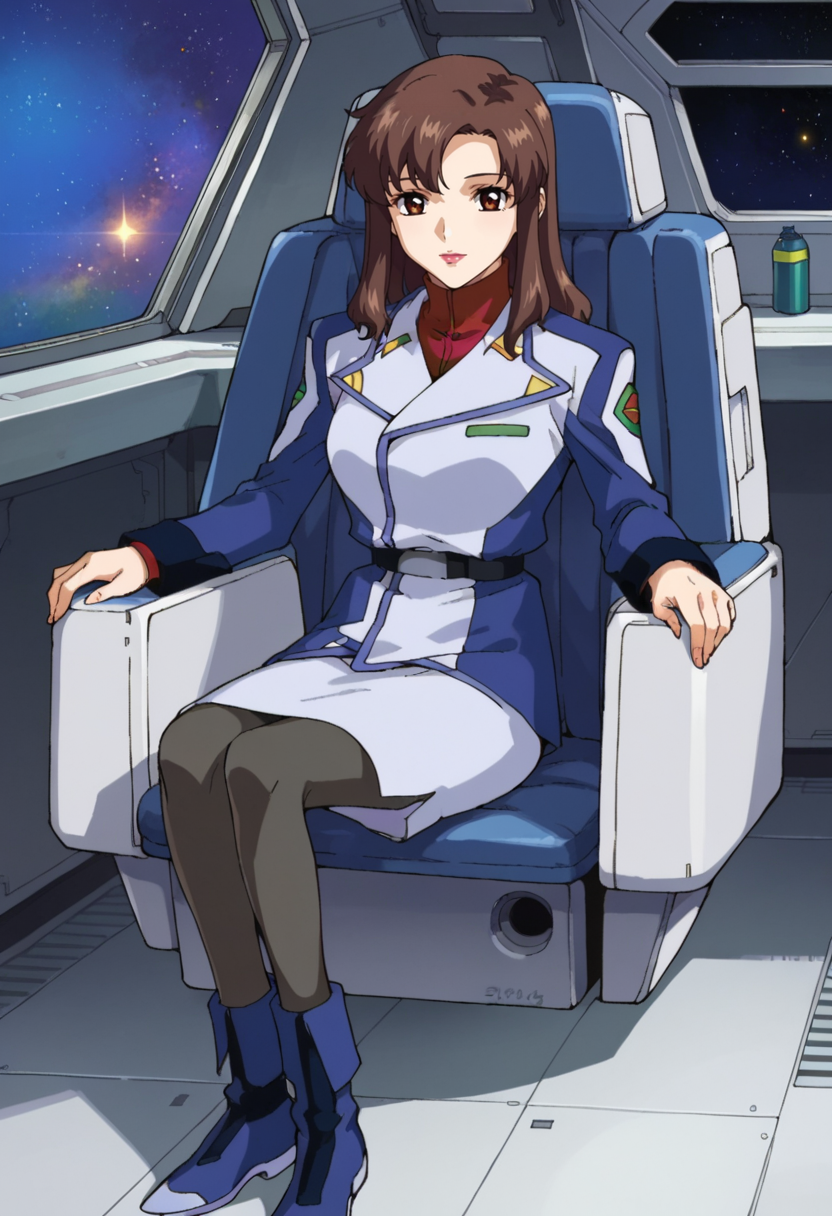 score_9,score_8_up,score_7_up,score_6_up,score_5_up,score_4_up,anime coloring BREAK source_anime,<lora:Murrue_Ramius_Gundam_SEED_Pony:0.7>,murrue,1girl,solo,brown eyes,brown hair,long hair,lipstick,s2jacket,s2skirt,grey pantyhose,blue boots,sitting,indoors,spacecraft,room,space,star \(sky\),looking at viewer,