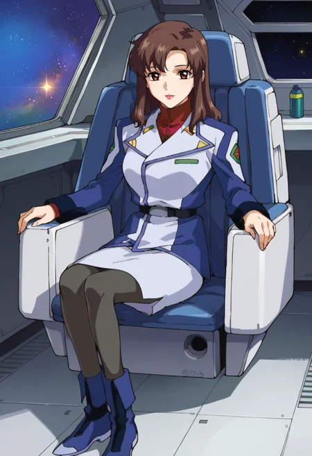 score_9,score_8_up,score_7_up,score_6_up,score_5_up,score_4_up,anime coloring BREAK source_anime,<lora:Murrue_Ramius_Gundam_SEED_Pony:0.7>,murrue,1girl,solo,brown eyes,brown hair,long hair,lipstick,s2jacket,s2skirt,grey pantyhose,blue boots,sitting,indoors,spacecraft,room,space,star \(sky\),looking at viewer,