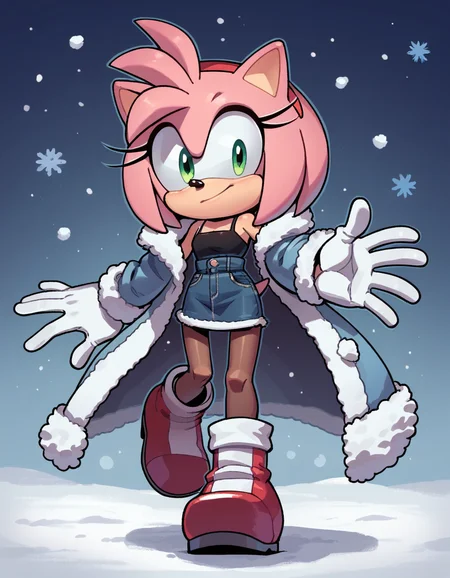 score_9, score_8_up, score_7_up, score_6_up, score_5_up, score_4_up, 1girl, solo, 
<lora:EvanStan:0.8> evnstnly, denim skirt, pantyhose, winter coat, black camisole, winter boots, white gloves, amy rose, pink fur, green eyes, body fur, hedgehog ears, hedgehog tail, flat chest, petite,