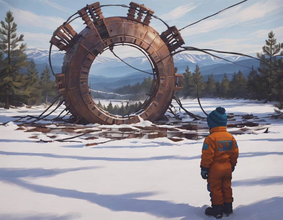 <lora:ssta:0.6>ssta, boy in snow gear stands in snow looking at rusty ruins with wires coming off of it, trees, mountains, clouds