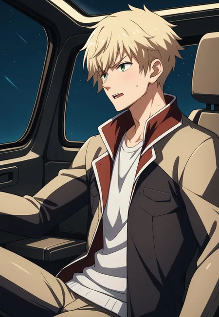 score_9, score_8_up, score_7_up, source_anime, cowboy shot, side view, BREAK, ( green eyes, light blond hair, best eyes, male, anime, eyes closed, sweat, cockpit, uniform, collar up, open mouth, viewing scope, disappointed expression, ) 1boy, male focus, solo, BREAK, green light, night, cockpit, shiden,