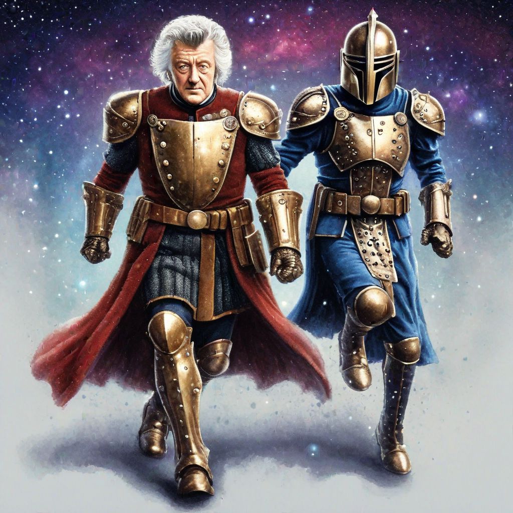(Dr. Who, Time Lord, Jon Pertwee era). with (Brigadier Lethbridge-Stewart in knight's plate-mail armor). and (Sarah Jane Smith). all riding Clydesdale horses across the ((Scottish countryside)) (while eating cookies or drinking tea). early 70's style. dissolving into an alien dimension of time & outer space, swirling & melting much like the (Dr. Who intro).  explosive confrontation, galactic standoff with (The Master)  extra legs are fine