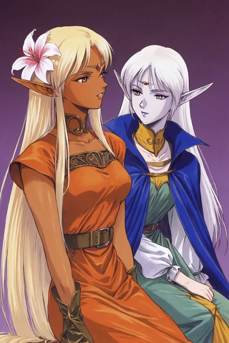 2girls,multiple girls,elf,pointy ears,long hair,pale skin,dark skin,flower,blonde hair,jewelry,white hair,hair ornament,dark-skinned female,hair flower,circlet,sitting,dress,cape,retro artstyle,traditional media,marker_(medium),<lora:Yutaka Izubuchi_XL:0.8>,