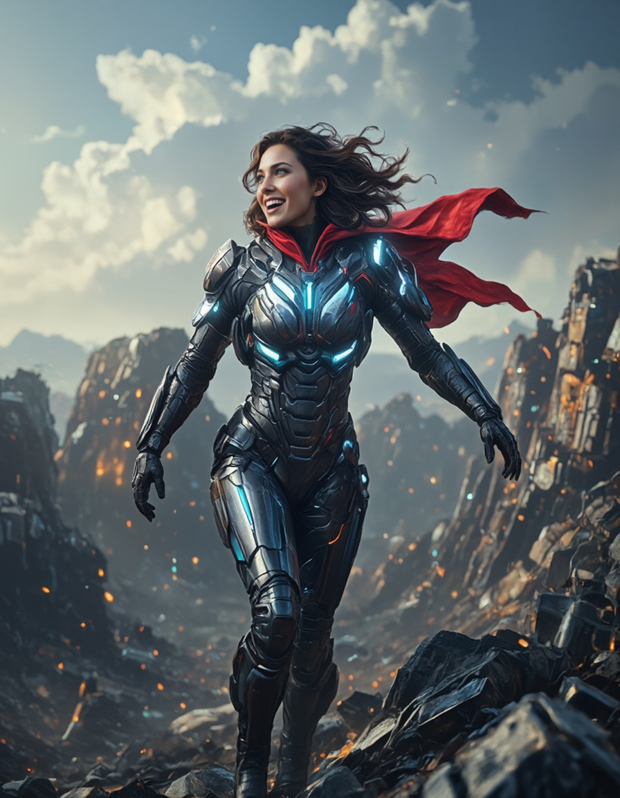 <lora:Home_R01fluxb:1> homer01, homer01, Futuristic woman, armored suit, hair in the wind, flying red cape, blue eyes, smiling, glowing energy, post-apocalyptic setting, dramatic clouds, advanced technology, sci-fi environment, intense atmosphere, rugged terrain, cyberpunk aesthetic, metallic structures, dynamic lighting