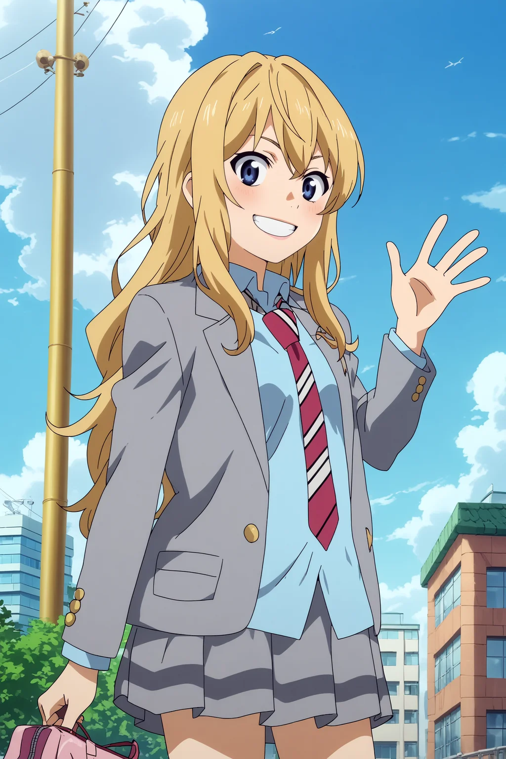 kaori miyazono,1girl,solo,long hair,school uniform,necktie,skirt,jacket,blazer,striped necktie,smile,sakuragaoka high school uniform,standing,cowboy shot,waving,smile,teeth BREAK outdoors,blue sky,cityscape,sunlight,bright sun,sunshine,cloudy_sky,volumetric fog, volumetric lighting, best quality Masterpiece <lora:Kaori_Miyazono_-_Your_lie_in_april_Shigatsu_wa_Kimi_no_Uso.safetensors:0.8> <lora:detailed_backgrounds_v2.safetensors:0.5>