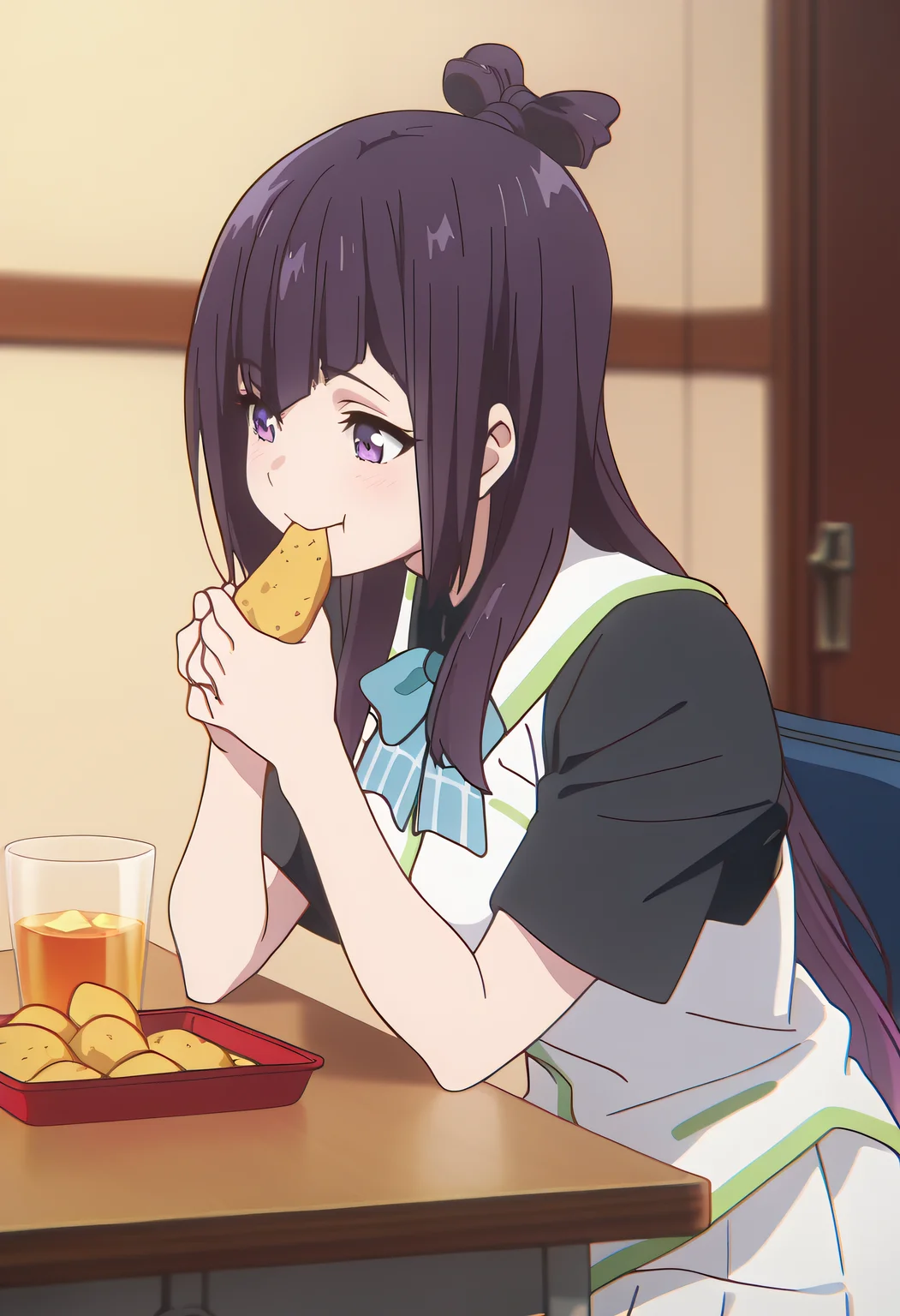 masterpiece, best quality, amazing quality, very aesthetic, absurdres,
1girl, solo, Beach Angels A, long hair, multicolored hair, gradient hair, black hair, purple hair, hair knot, purple eyes,
school uniform, black shirt, white vest, short sleeves, blue bowtie, white skirt, pleated skirt, frilled skirt,
Smile, munching, eating, grabbing a snack, sit, table, snack on table, glass of juices,
anime coloring,
kyoto animation,