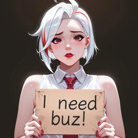 score_9, score_8_up, score_7_up, score_6_up, anime, beautiful, stunning, masterpiece, best quality, amazing quality,

ashe (overwatch), white hair, red eyes, red lips, black mascara,

need_buzz, holding sign, need_buzz,

1girl, solo, ahoge, sleeveless, shirt, mole under eye, looking at viewer, red necktie, necktie, short hair, bare shoulders, sleeveless shirt, multicolored hair, upper body, white shirt, black background, collared shirt, streaked hair, simple background, closed mouth, red nails, nail polish,


















