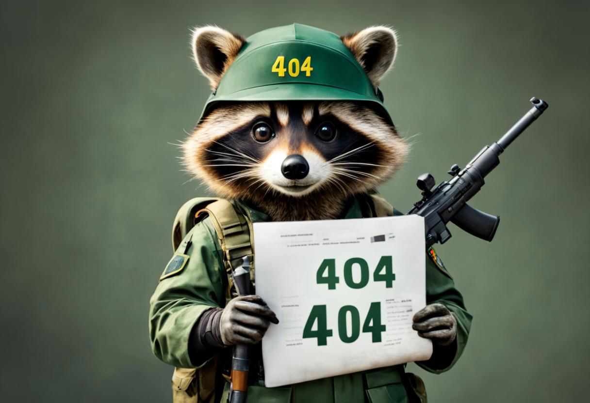 raccoon in a military suit with a weapon
(masterpiece), faceless, dark green camouflage uniform, insignia, black helmet, shows document with "404 error" written on it, HDR, bright colors