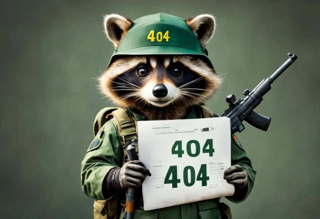 raccoon in a military suit with a weapon
(masterpiece), faceless, dark green camouflage uniform, insignia, black helmet, shows document with "404 error" written on it, HDR, bright colors