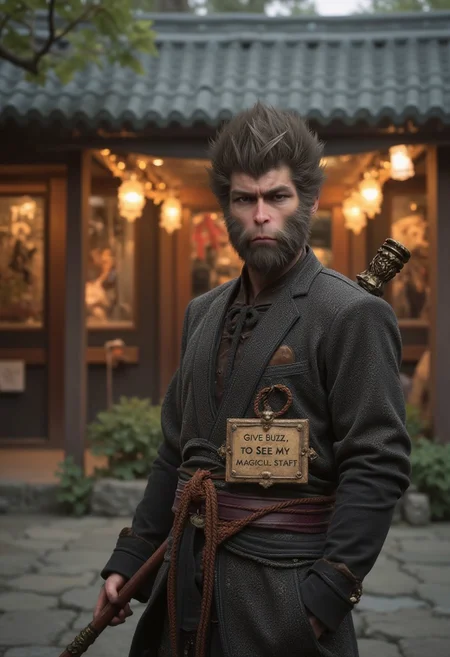 wukong standing outside a temple with his magical staff in his pocket in smaller size and holding a sign that reads "GIVE BUZZ.. TO SEE MY MAGICAL STAFF", realistic background of temple , dynamic lighting