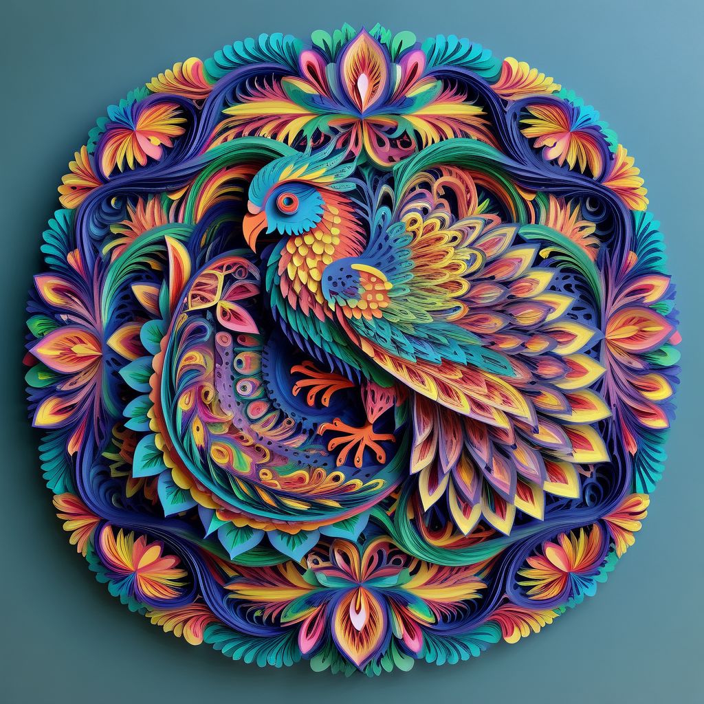 , Mandala style, paper art, beautiful tropical bird, colorful, 3d mandala pattern,  asymetrical
